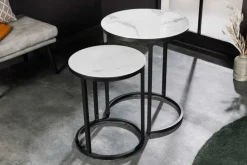Design Beistelltisch ELEGANCE 2er Set weiß rund Kristallglas mit Marmor-Dekor schwarzes Gestell