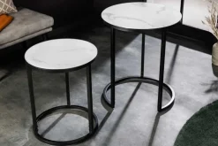 Design Beistelltisch ELEGANCE 2er Set weiß rund Kristallglas mit Marmor-Dekor schwarzes Gestell