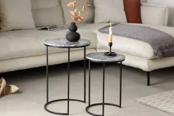 Design Beistelltisch 2er Set ELEMENTS 40cm grau Marmor schwarzes Gestell rund