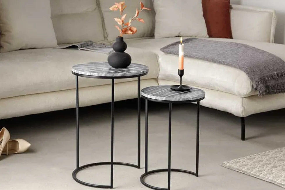 Design Beistelltisch 2er Set ELEMENTS 40cm grau Marmor schwarzes Gestell rund