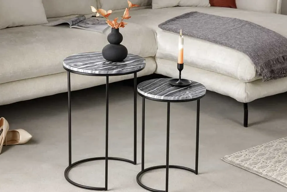 Design Beistelltisch 2er Set ELEMENTS 40cm grau Marmor schwarzes Gestell rund