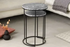 Design Beistelltisch 2er Set ELEMENTS 40cm grau Marmor schwarzes Gestell rund