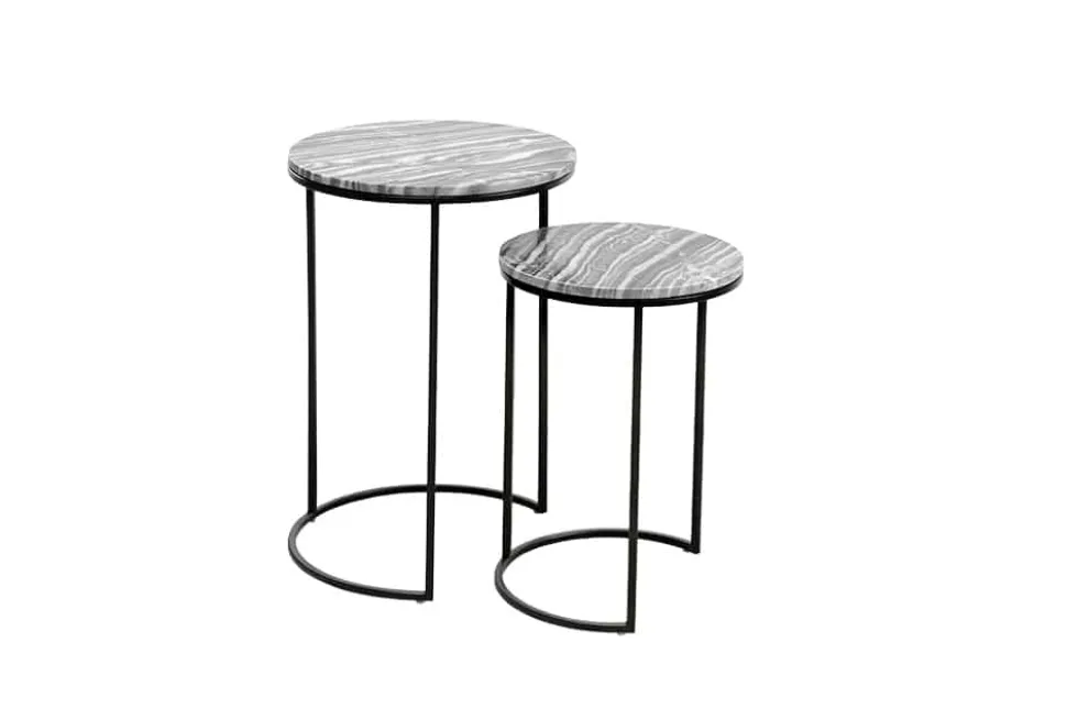 Design Beistelltisch 2er Set ELEMENTS 40cm grau Marmor schwarzes Gestell rund
