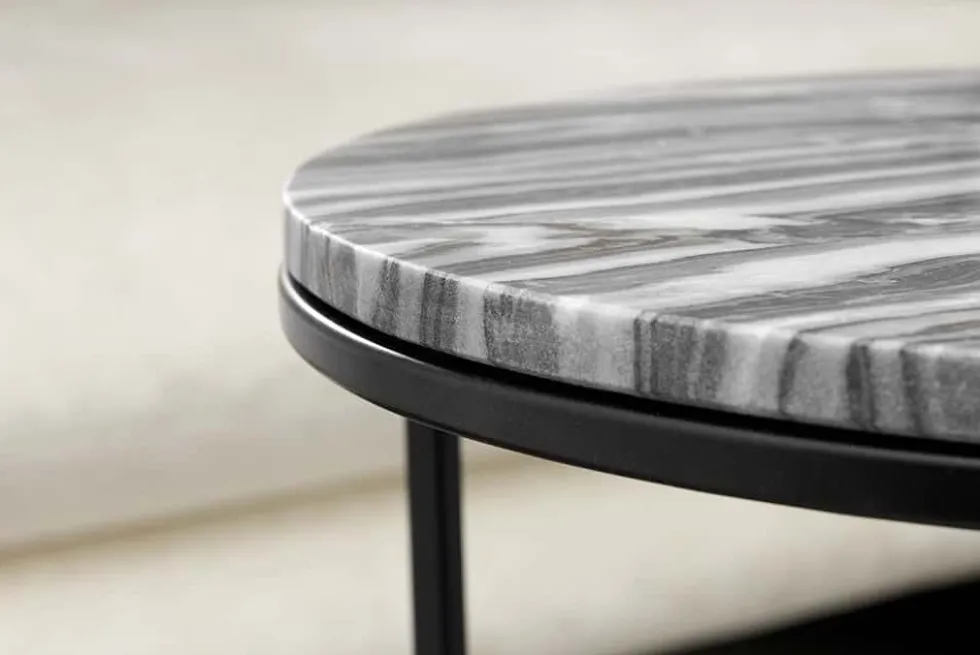 Design Beistelltisch 2er Set ELEMENTS 40cm grau Marmor schwarzes Gestell rund