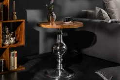Design Beistelltisch EXTRAVAGANCIA 60cm Mangoholz massiv rund Metall Säulenfuß silber