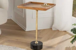 Design Beistelltisch TRAYFUL 55cm natur Akazie Massivholz schwarzer Marmorfuß gold Metall