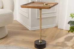 Design Beistelltisch TRAYFUL 55cm natur Akazie Massivholz schwarzer Marmorfuß gold Metall