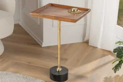 Design Beistelltisch TRAYFUL 55cm natur Akazie Massivholz schwarzer Marmorfuß gold Metall