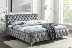 Design Bett MODERN BAROCK 160x200cm grau Samt Chesterfield Doppelbett