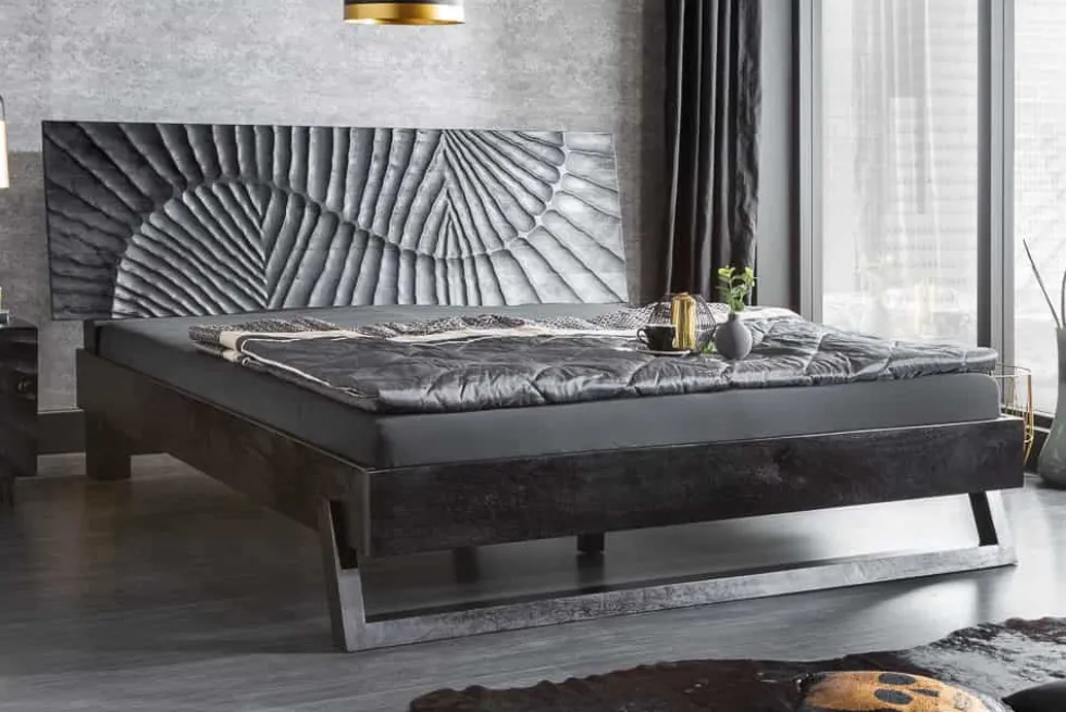 Design Bett SCORPION 180x200cm schwarz Mangoholz 3D Schnitzerei Massivholz Doppelbett