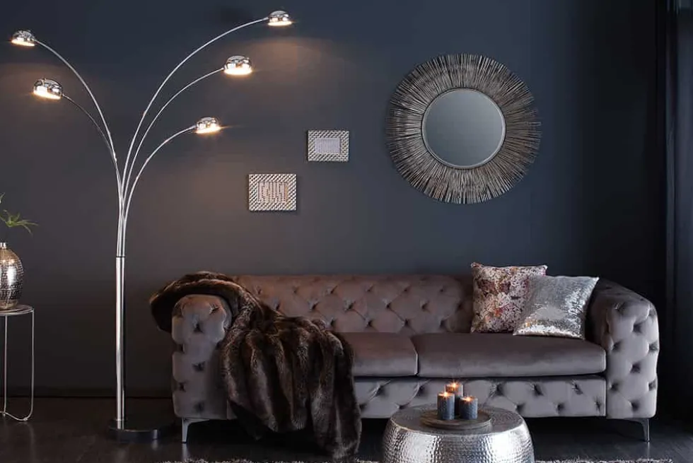 Design Bogenlampe FIVE LIGHTS 205cm chrom Stehlampe mit schwarzem Marmorfuß