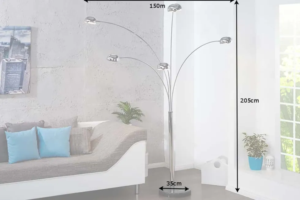 Design Bogenlampe FIVE LIGHTS 205cm chrom Stehlampe mit schwarzem Marmorfuß
