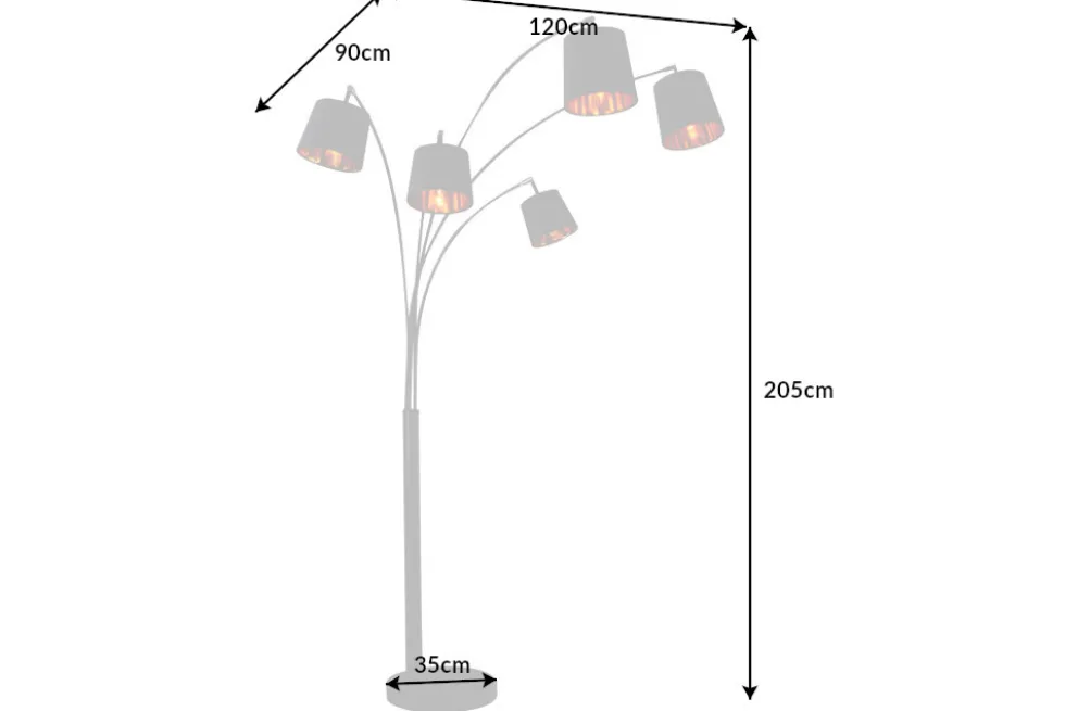 Design Bogenlampe LEVELS 205cm schwarz gold 5 neigbare Leinenschirme Stehlampe