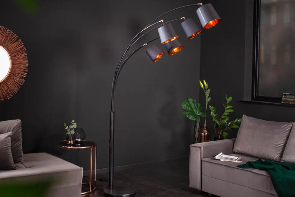 Design Bogenlampe LEVELS 205cm schwarz gold 5 neigbare Leinenschirme Stehlampe