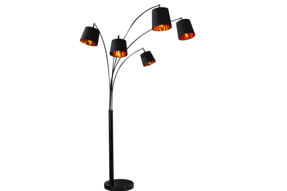 Design Bogenlampe LEVELS 205cm schwarz gold 5 neigbare Leinenschirme Stehlampe