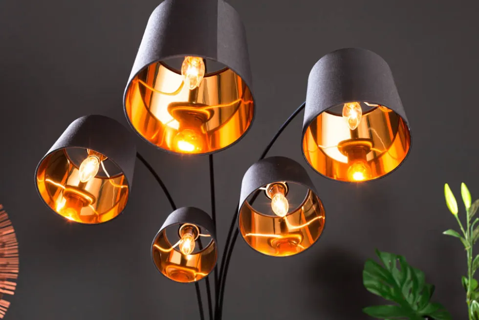 Design Bogenlampe LEVELS 205cm schwarz gold 5 neigbare Leinenschirme Stehlampe