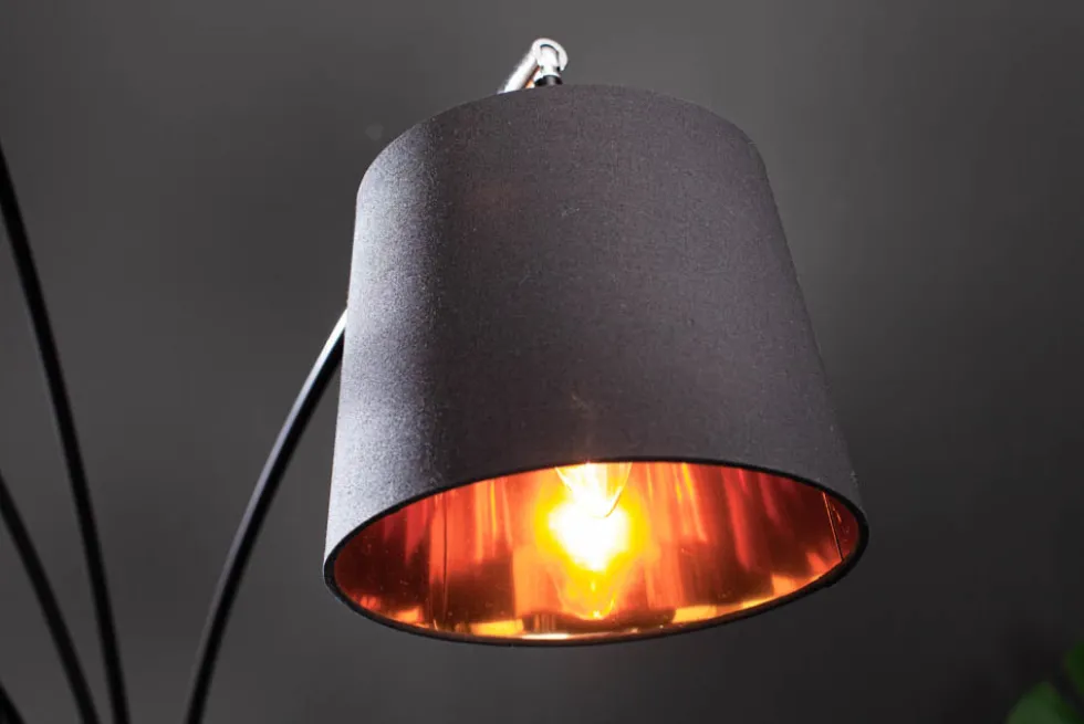 Design Bogenlampe LEVELS 205cm schwarz gold 5 neigbare Leinenschirme Stehlampe