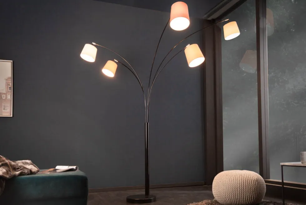 Design Bogenlampe LEVELS 205cm weiß beige braun 5 Leinenschirme Stehlampe