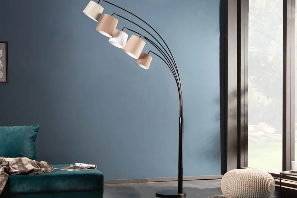 Design Bogenlampe LEVELS 205cm weiß beige braun 5 Leinenschirme Stehlampe
