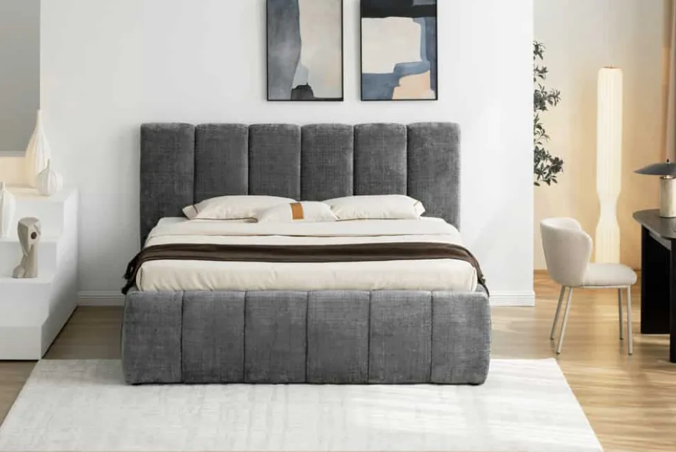 Design Boxbett ADLON 180x200cm grau Chenille mit Stauraum und Lattenrost