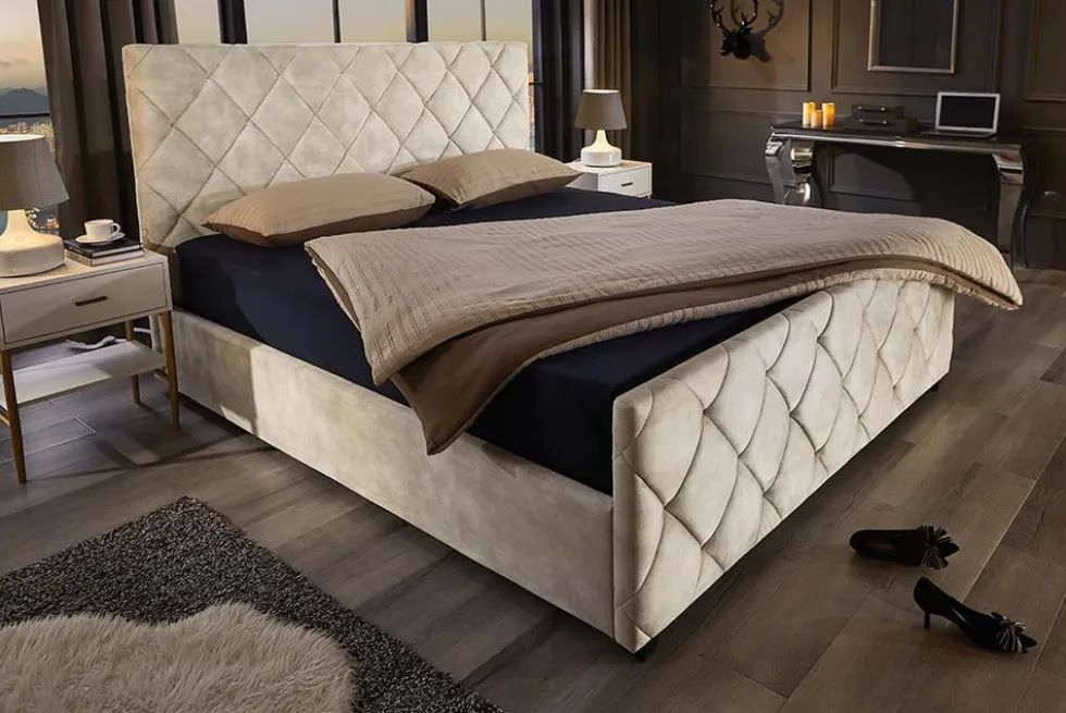 Design Boxbett ELYSIUM 160x200cm champagner beige Samt mit Stauraum und Lattenrost