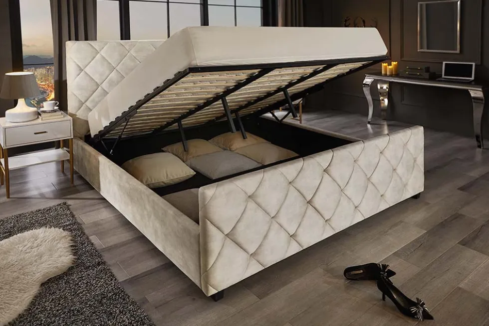 Design Boxbett ELYSIUM 160x200cm champagner beige Samt mit Stauraum und Lattenrost