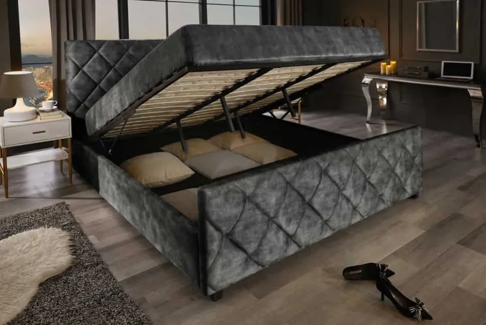 Design Boxbett ELYSIUM 180x200cm dunkelgrau Samt mit Stauraum und Lattenrost