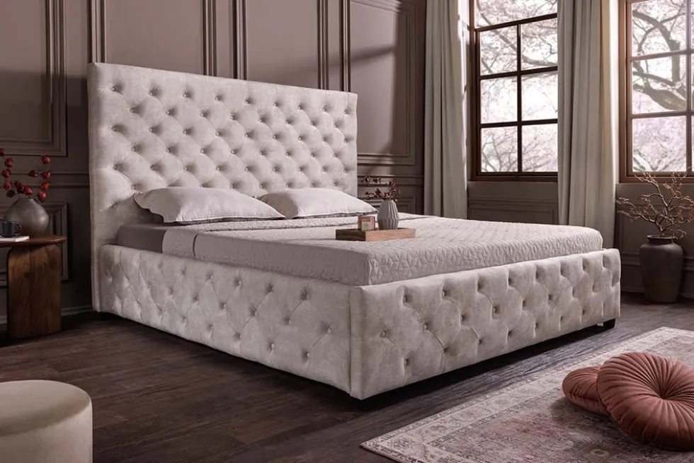 Design Boxbett PARIS 160x200cm champagner beige Samt mit Stauraum und Lattenrost