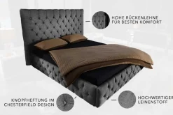 Design Boxbett PARIS 180x200cm grau Leinen Chesterfield Doppelbett