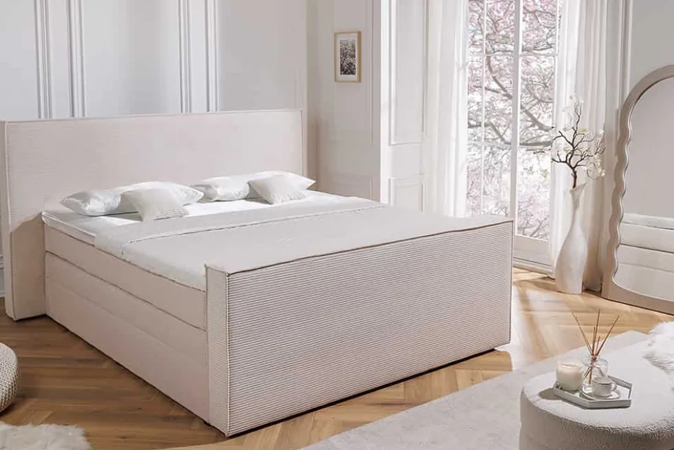 Design Boxspringbett SIGNUM 180x200cm beige Cord inkl. Topper Matratze und Stauraum