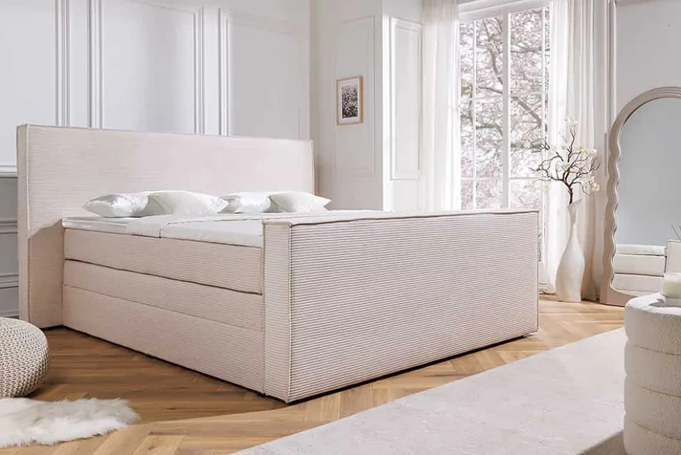 Design Boxspringbett SIGNUM 180x200cm beige Cord inkl. Topper Matratze und Stauraum