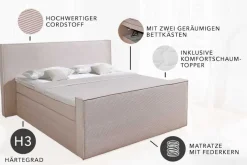 Design Boxspringbett SIGNUM 180x200cm beige Cord inkl. Topper Matratze und Stauraum