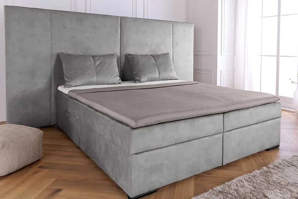 Design Boxspringbett SUITE HOTELBETT 180x200cm silber grau Samt inkl. Stauraum Topper