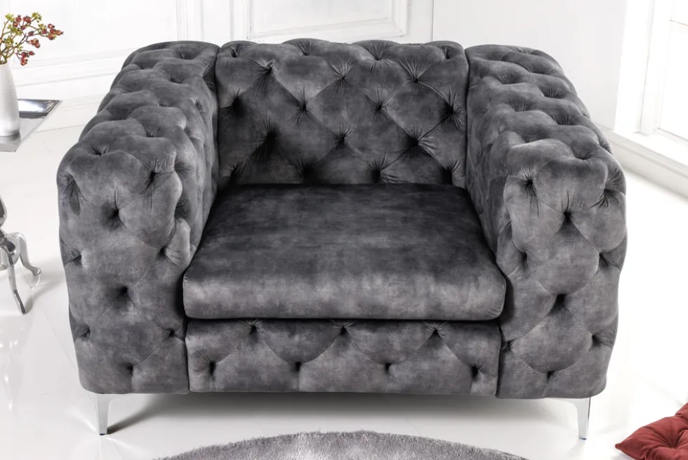 Design Chesterfield Sessel MODERN BAROCK 120cm dunkelgrau Samt