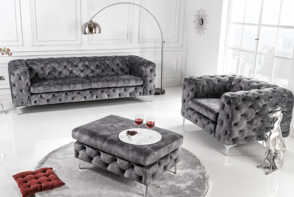 Design Chesterfield Sessel MODERN BAROCK 120cm dunkelgrau Samt