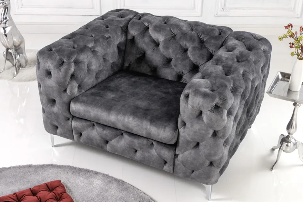 Design Chesterfield Sessel MODERN BAROCK 120cm dunkelgrau Samt