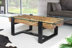 Design Couchtisch BARRACUDA 130cm recyceltes Teakholz Glasplatte schwarz Edelstahl Industrial