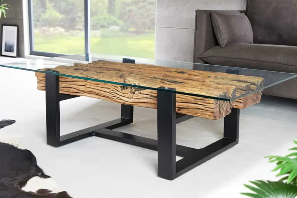 Design Couchtisch BARRACUDA 130cm recyceltes Teakholz Glasplatte schwarz Edelstahl Industrial