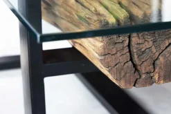 Design Couchtisch BARRACUDA 130cm recyceltes Teakholz Glasplatte schwarz Edelstahl Industrial
