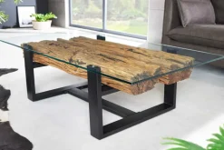 Design Couchtisch BARRACUDA 130cm recyceltes Teakholz Glasplatte schwarz Edelstahl Industrial