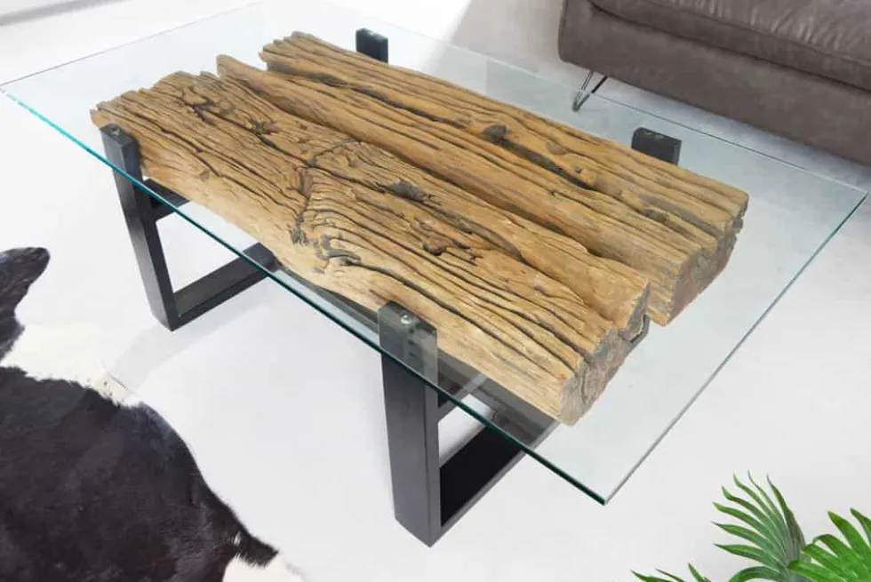 Design Couchtisch BARRACUDA 130cm recyceltes Teakholz Glasplatte schwarz Edelstahl Industrial