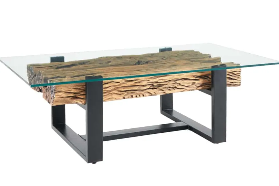 Design Couchtisch BARRACUDA 130cm recyceltes Teakholz Glasplatte schwarz Edelstahl Industrial