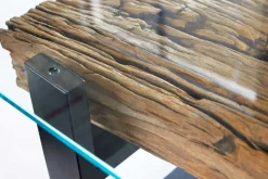 Design Couchtisch BARRACUDA 130cm recyceltes Teakholz Glasplatte schwarz Edelstahl Industrial