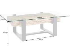Design Couchtisch BARRACUDA 130cm recyceltes Teakholz Glasplatte schwarz Edelstahl Industrial