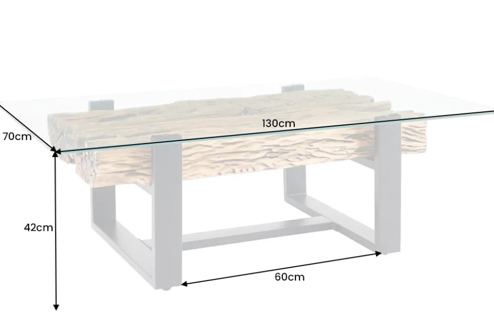 Design Couchtisch BARRACUDA 130cm recyceltes Teakholz Glasplatte schwarz Edelstahl Industrial