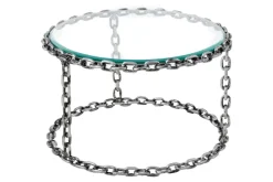 Design Couchtisch CHAINS 65cm silber handmade Metall rund Glasplatte Kettengestell