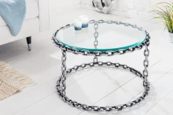 Design Couchtisch CHAINS 65cm silber handmade Metall rund Glasplatte Kettengestell