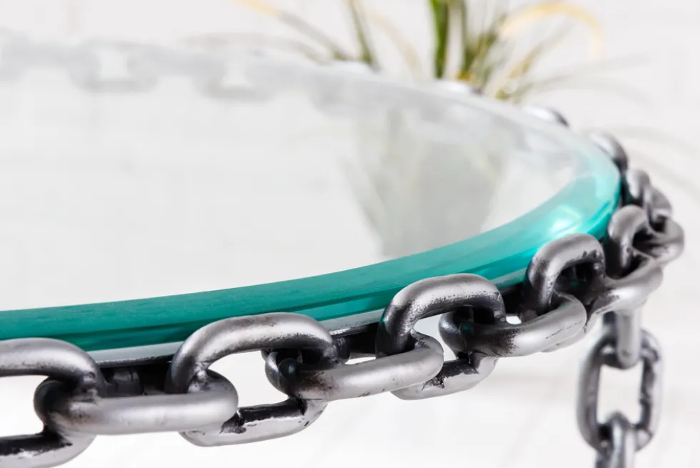 Design Couchtisch CHAINS 65cm silber handmade Metall rund Glasplatte Kettengestell