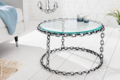 Design Couchtisch CHAINS 65cm silber handmade Metall rund Glasplatte Kettengestell