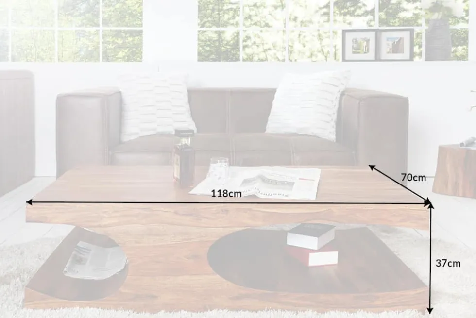 Design Couchtisch CUBUS 120cm braun Sheesham Massivholz stone finish mit Stauraum